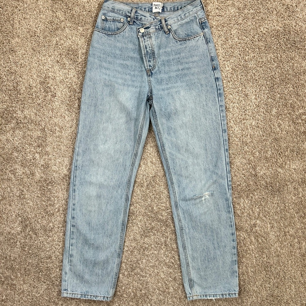 Princess Polly‎ Jeans Light Wash Asymmetrical Waist Button Fly Straight Leg Sz 4